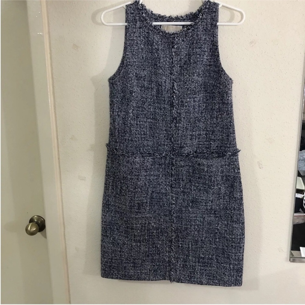 Michael Kors Womens Tweed Shift Dress Size 2 Navy Blue White Knee Length Career